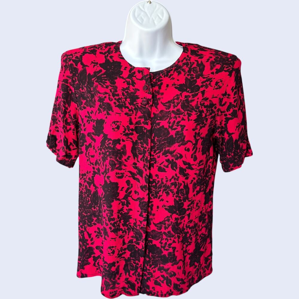 Breckenridge floral crinkle rayon button blouse hot pink black sz 4 1990s